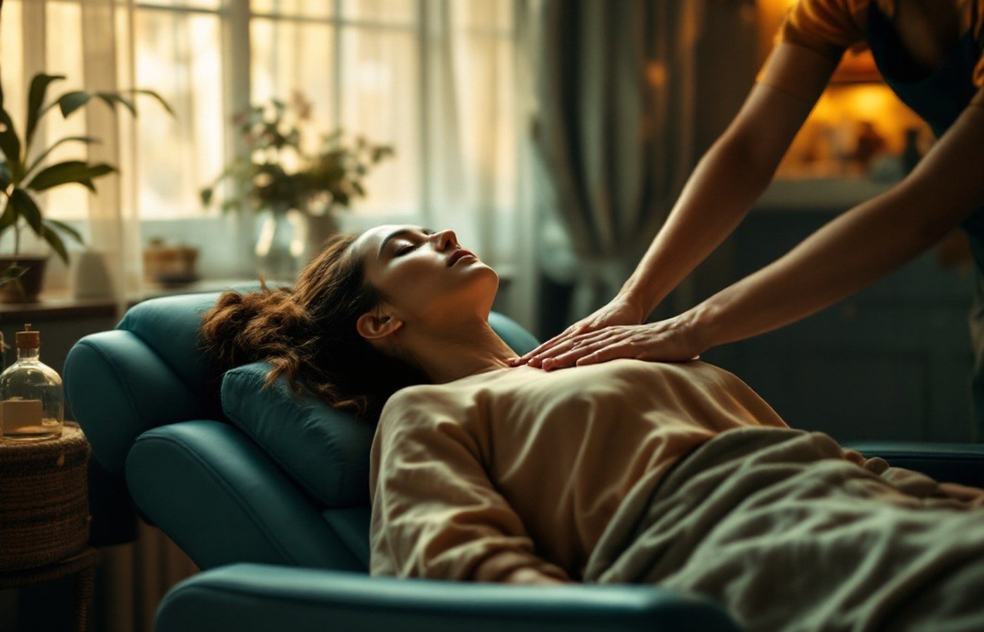 Seated chair massage on neck and shoulders