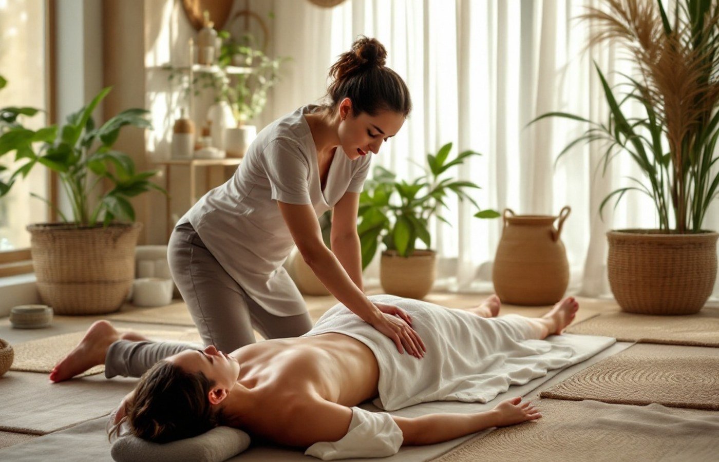 An assisted stretch during Thai massage