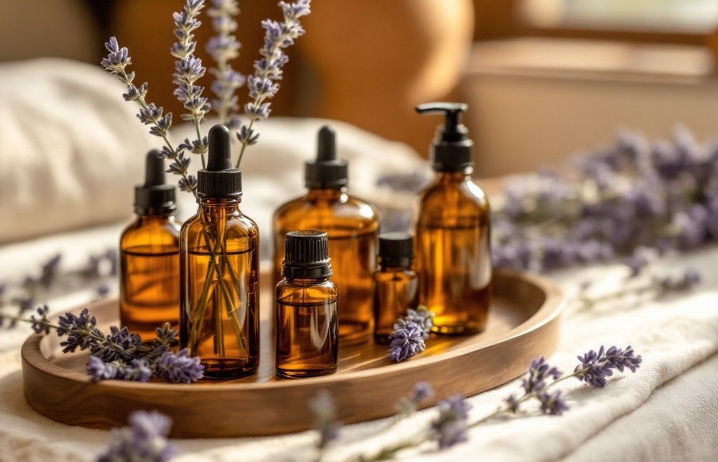 Essential oils arranged on a therapist's tray