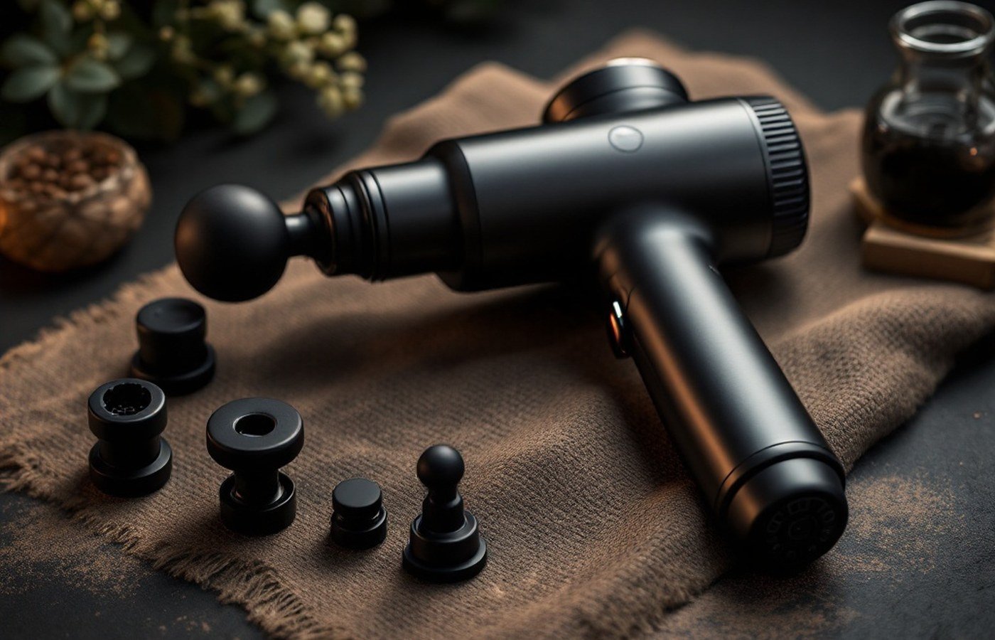 A percussive massage gun with attachments