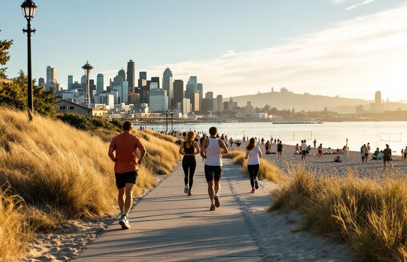 Running paths along Alki Beach, West Seattle