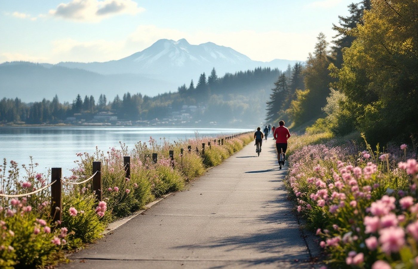 Cyclists on the Burke-Gilman Trail beside the lakeshore